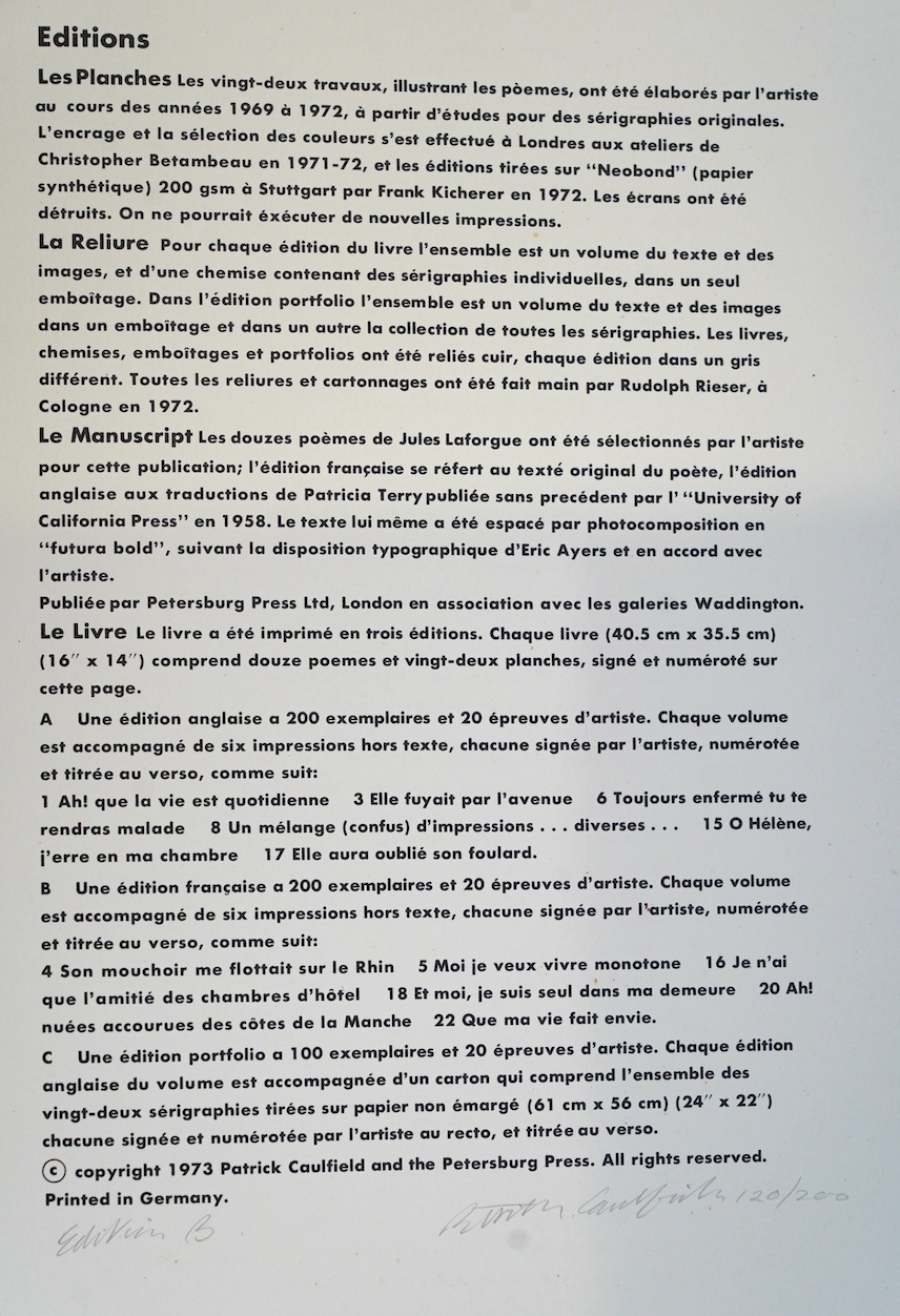 Patrick Joseph Caulfield R.A. (British, 1936-2005), 'Quelques Poèmes de Jules Laforgue, planches de Patrick Caulfield (Some Poems)', folio of 22 screenprints on Neobond papier synthétique, 40.5 x 35.5cm